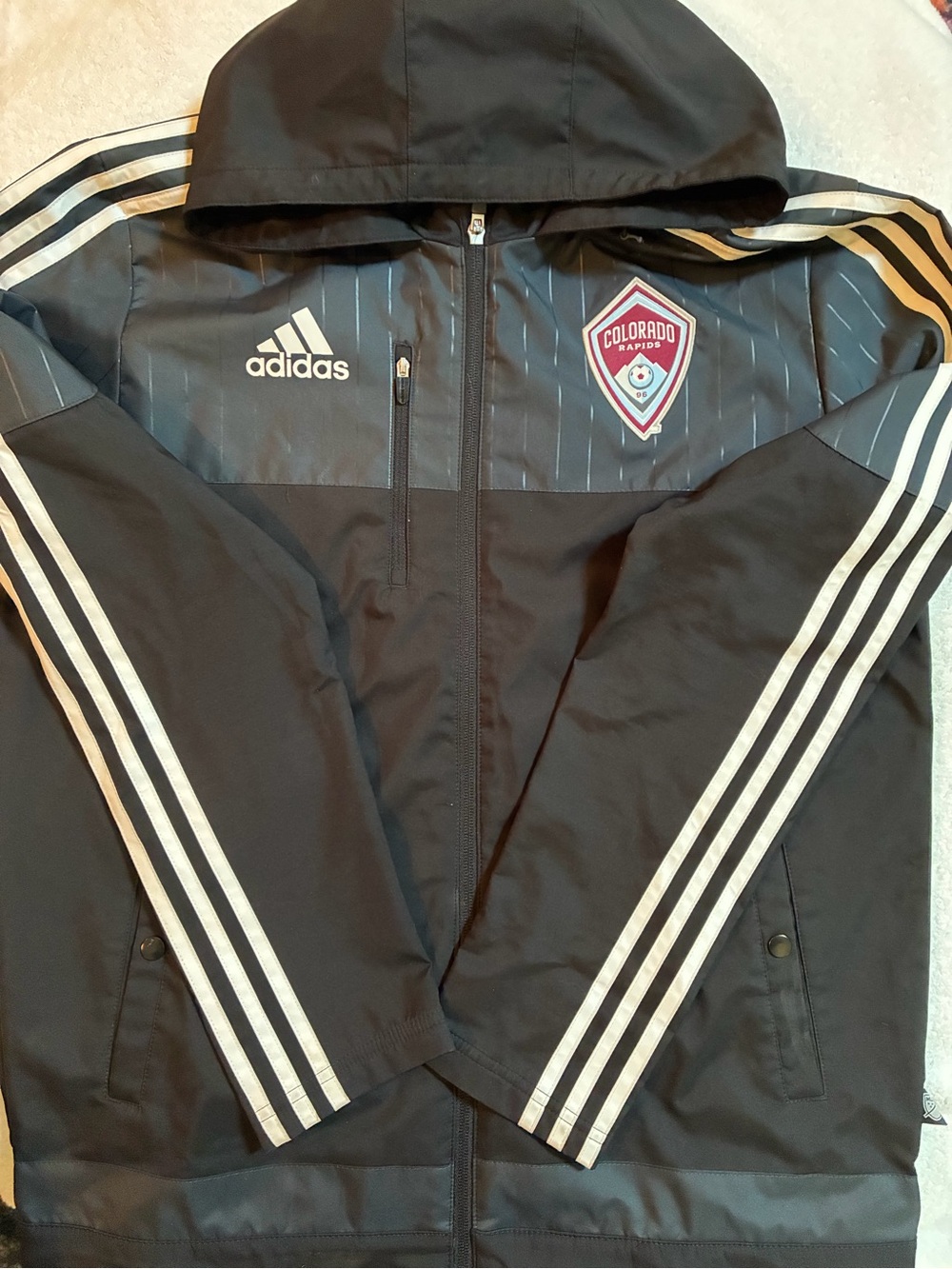 adidas Black Hooded Colorado Rapids Bomber Jacket with White Stripes